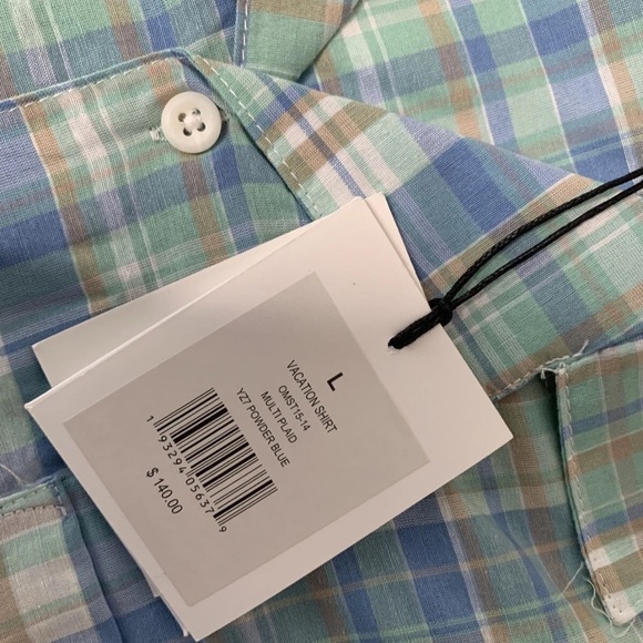 Onia Vacation Short Sleeve Blue Multi Plaid Shirt Large Button Down NEW 925 - Picture 3 of 5